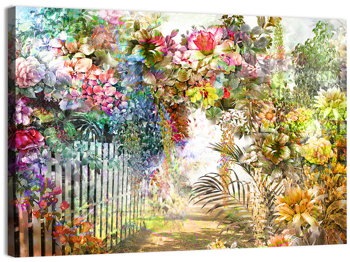Spring Garden with White Picket Fence Wall Art as a canvas print