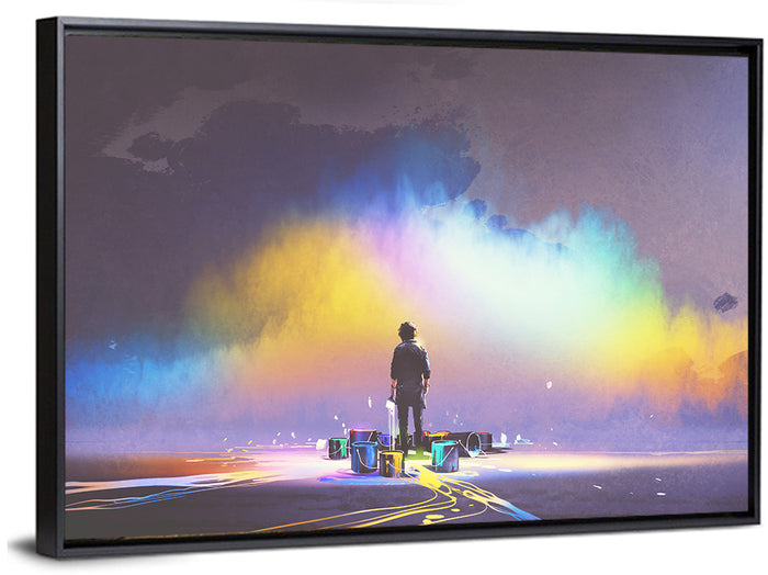 Silhouette with Paint Buckets and Rainbow Light Wall Art as a framed canvas