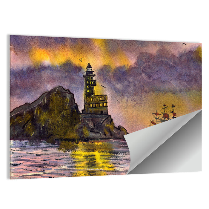 Lighthouse and Sailing Ship at Dusk Wall Art as a poster print
