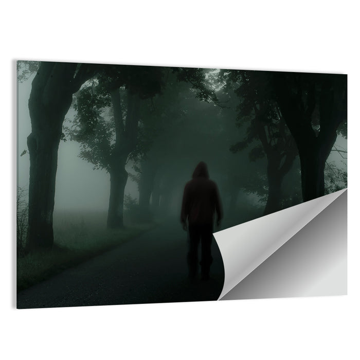 Hooded Silhouette on Foggy Forest Road Wall Art as a poster print