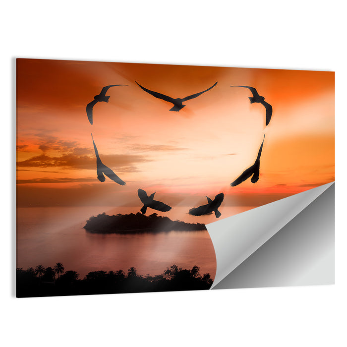 Heart-shaped Birds at Sunset Wall Art as a poster print