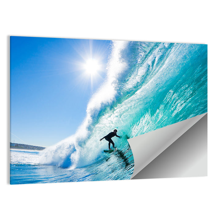 Sunlit Blue Wave with Surfer Wall Art as a poster print