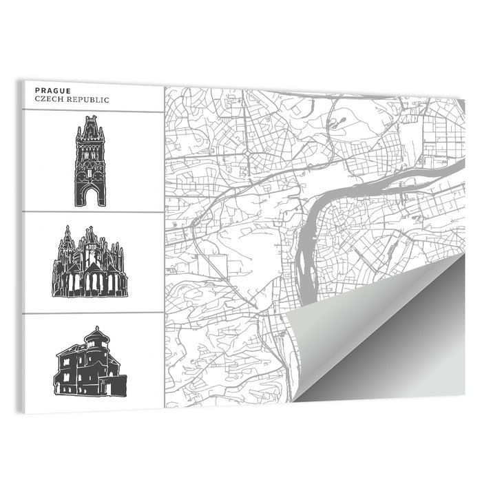 Prague City Map with Architectural Silhouettes Wall Art as a poster print