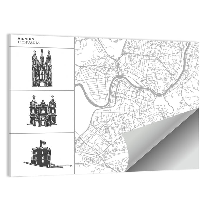 Vilnius Map with Architectural Sketches Wall Art as a poster print
