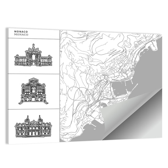 Monaco Map with Architectural Icons Wall Art as a poster print