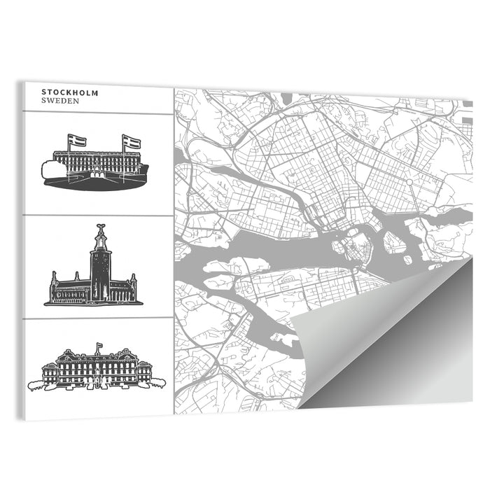 Stockholm Map with Architectural Illustrations Wall Art as a poster print