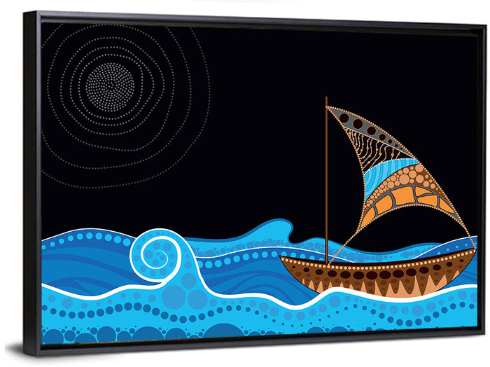 Moonlit Dotted Sailboat Illustration Wall Art as a framed canvas