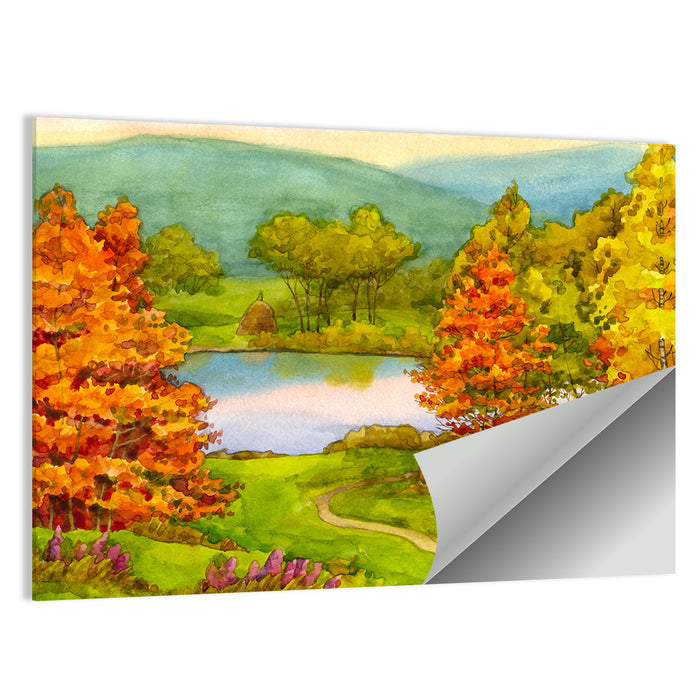 Autumn Lake with Winding Path Wall Art as a poster print