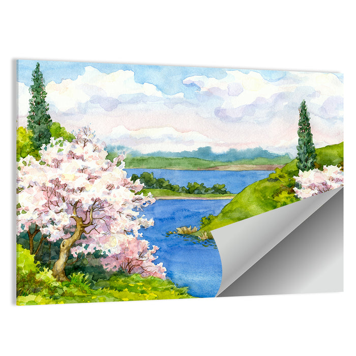 Spring Blossom Lakeside Landscape Wall Art as a poster print