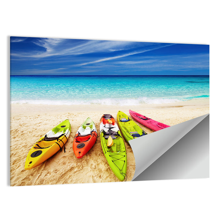 Five Colorful Kayaks on White Sand Wall Art as a poster print