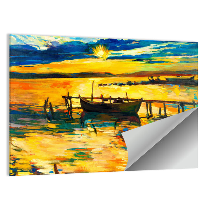 Sunset Boat at Jetty Oil Painting Wall Art as a poster print