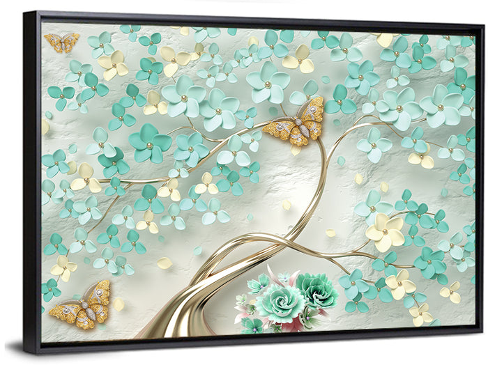 Teal and Gold Floral Abstraction Wall Art as a framed canvas
