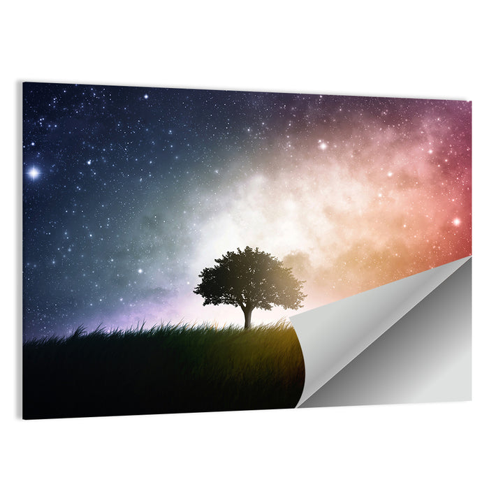 Tree Silhouette Under Nebula Sky Wall Art as a poster print