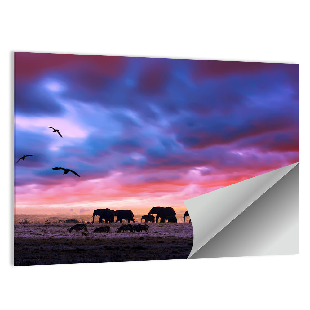 Elephants In Savannah Sunset Wall Art