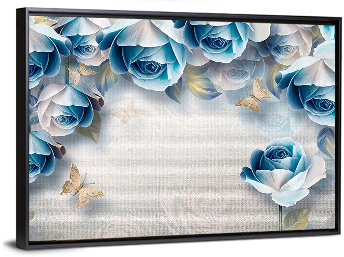 Blue Rose Border with Gold Butterflies Wall Art as a framed canvas