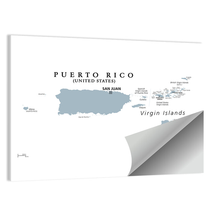 Puerto Rico and Virgin Islands Political Map Wall Art as a poster print