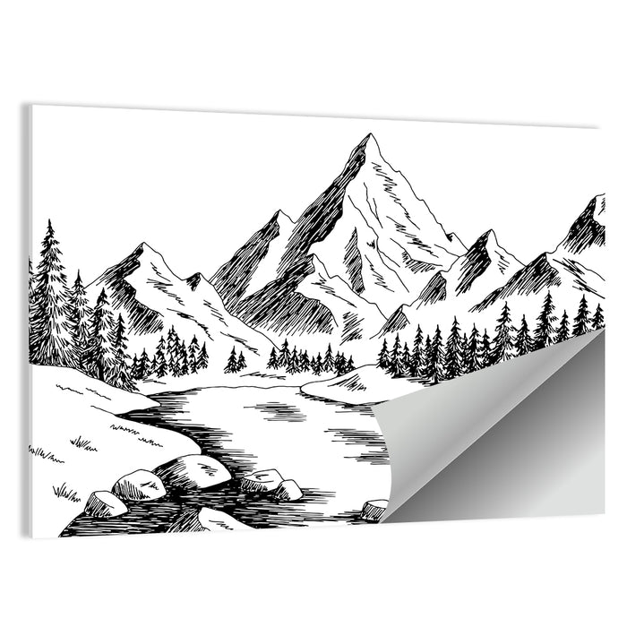 Monochrome Mountain Lake Sketch Wall Art as a poster print