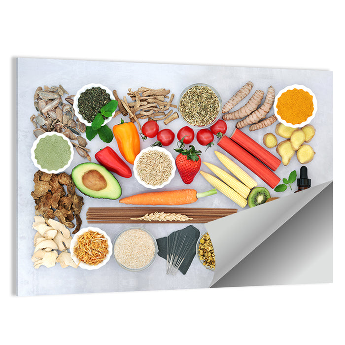 Flat Lay Health Foods and Herbs Wall Art as a poster print