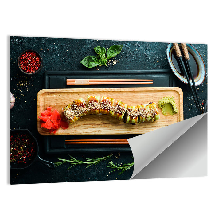 Top-down Sushi Roll with Chopsticks Wall Art as a poster print