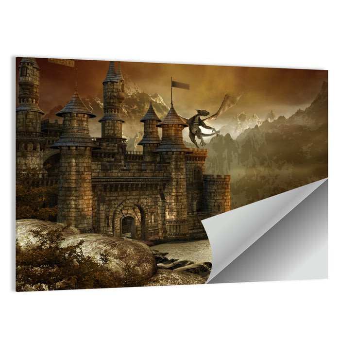 Dragon Over Fairytale Castle Wall Art as a poster print