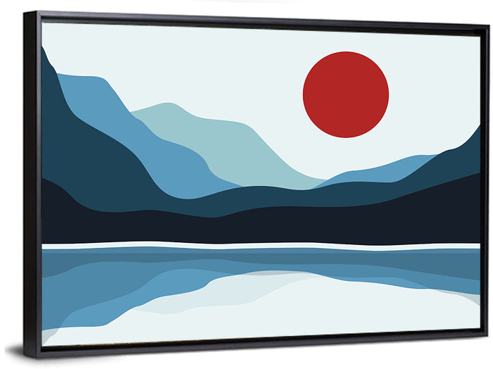 Layered Mountain Lake Illustration Wall Art as a framed canvas