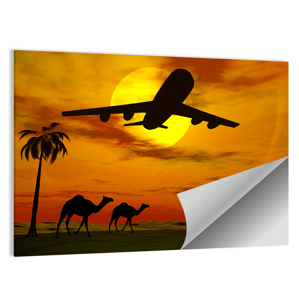 Tropical Sunset With Airplane Wall Art