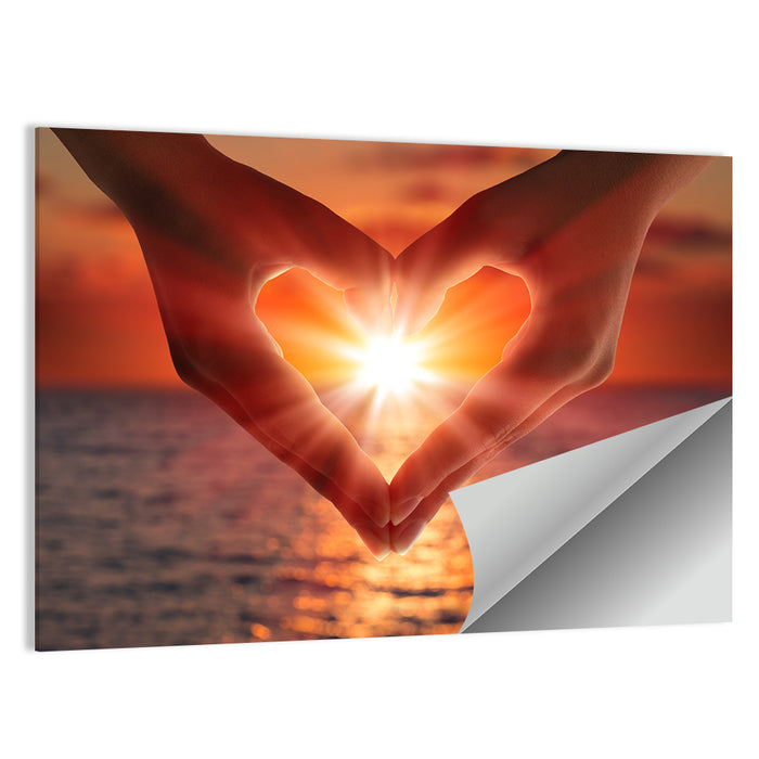 Hands Forming Heart at Sunset Wall Art as a poster print