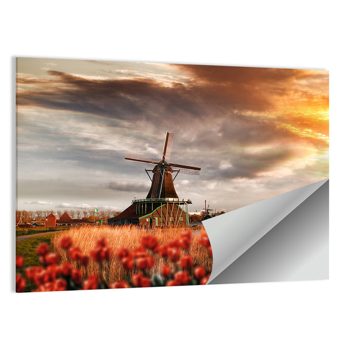 Dutch Windmill with Red Tulips Wall Art as a poster print