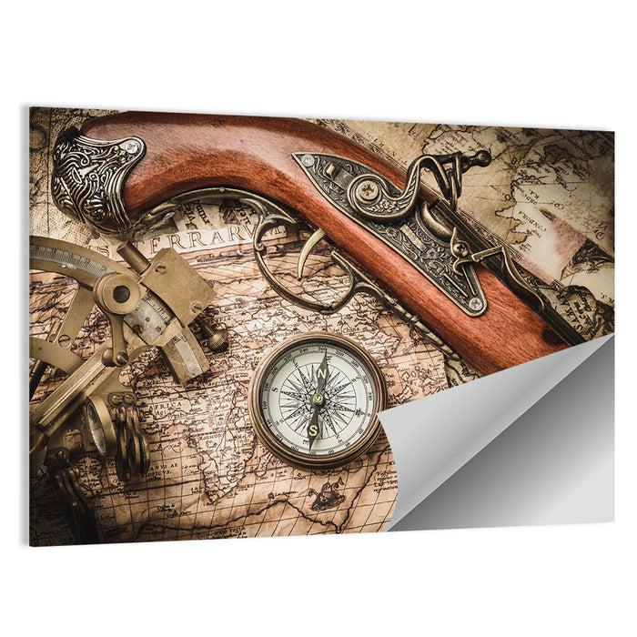 Antique Nautical Instruments with Flintlock Wall Art as a poster print