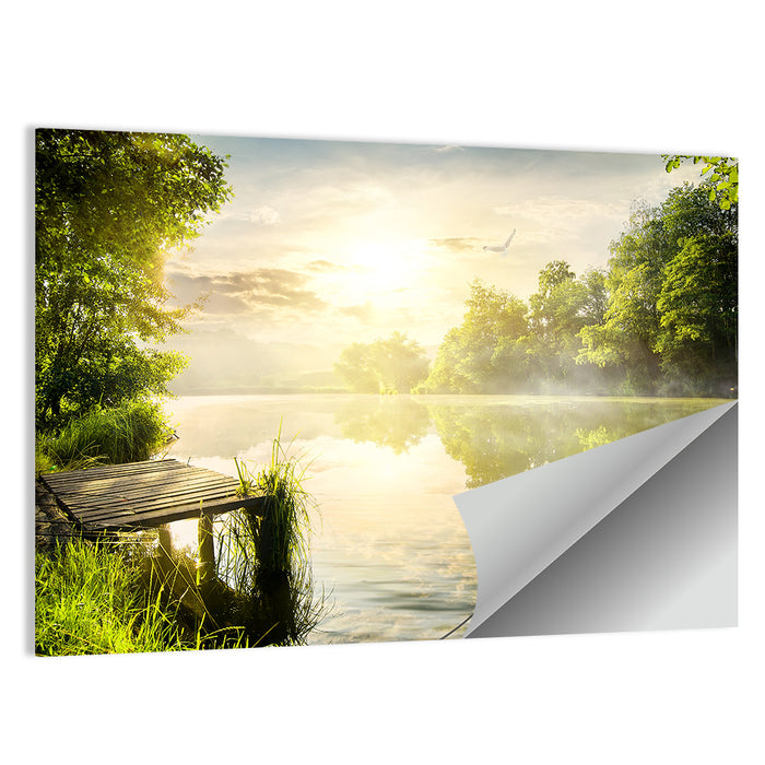 Rowboat at Misty Dock Wall Art as a poster print