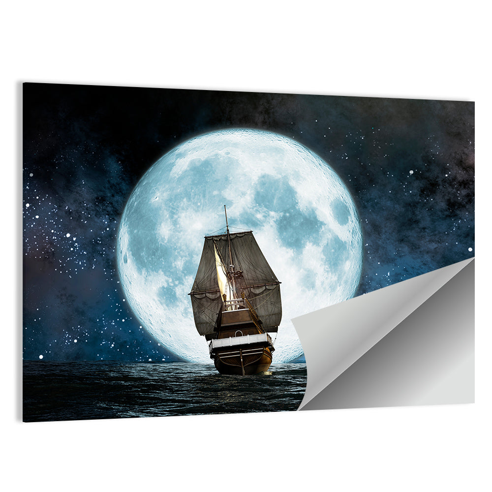 Sea Boat Under Moon Wall Art