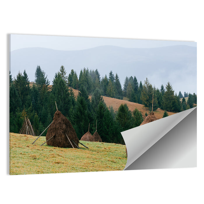 Haystacks in Mountain Village Wall Art as a poster print