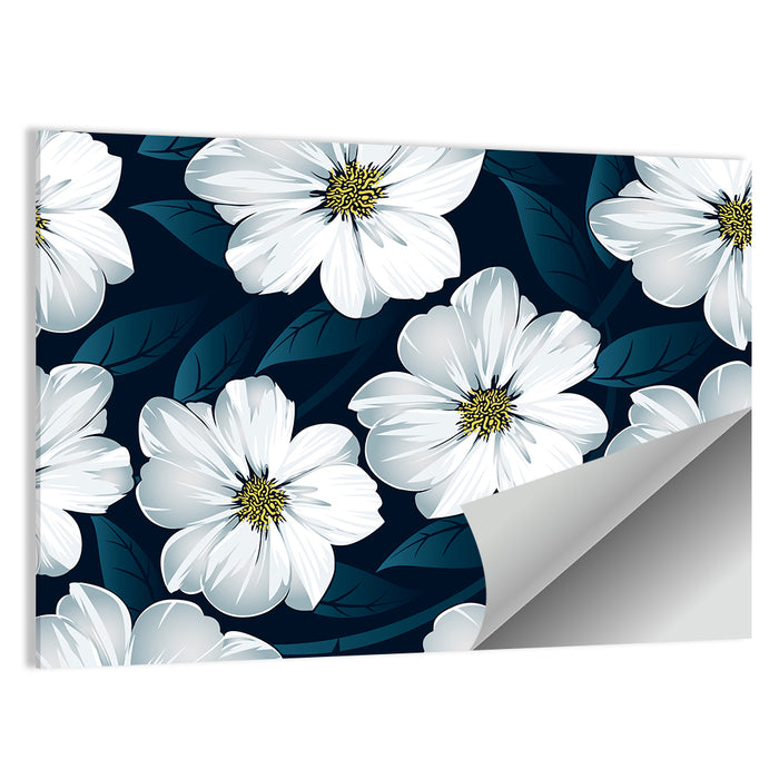 White Flowers on Navy Pattern Wall Art as a poster print