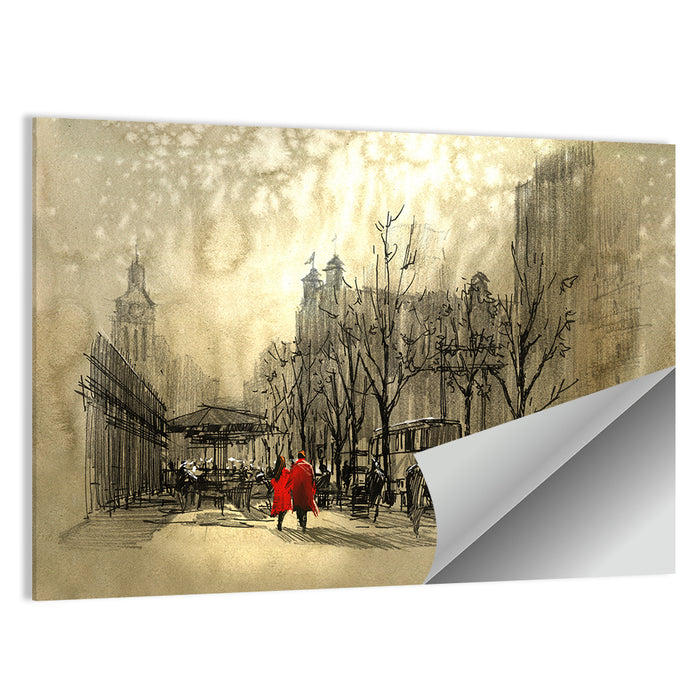 Couple in Red Coats on City Street Wall Art as a poster print