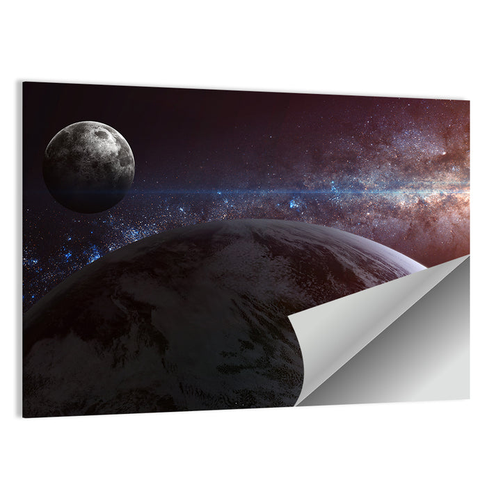 Earth and Moon Over Nebula Wall Art as a poster print