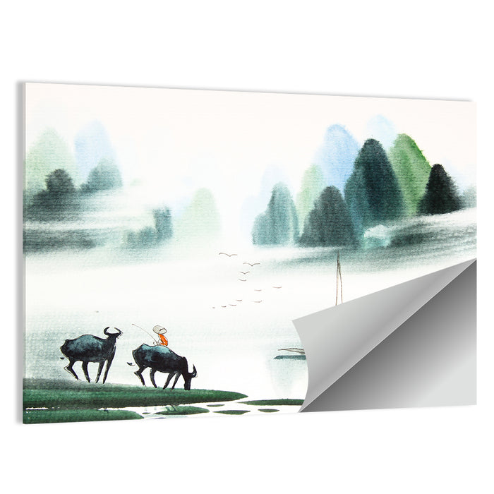 Water Buffalo in Misty Watercolor Wall Art as a poster print