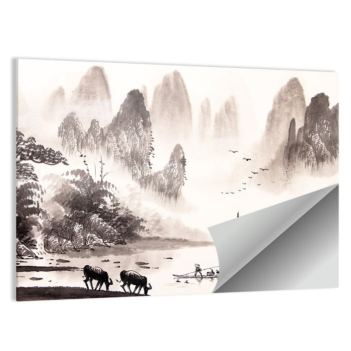 Misty Mountain Ink Wash Landscape Wall Art as a poster print
