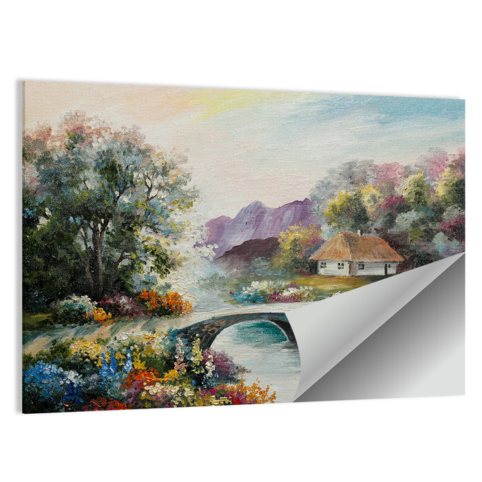 Thatched Cottage with Stone Bridge Wall Art as a poster print