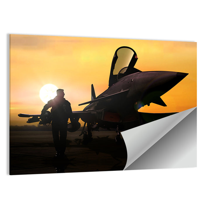 Pilot and Fighter Jet at Sunset Wall Art as a poster print