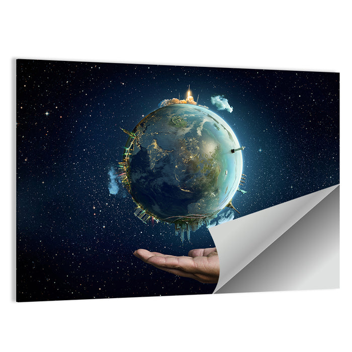 Earth Cradled in Palm with City Lights Wall Art as a poster print