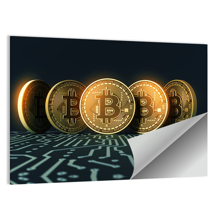 Five Golden Bitcoins on Circuit Board Wall Art as a poster print