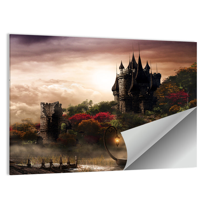 Castle Over Misty Lake at Dusk Wall Art as a poster print