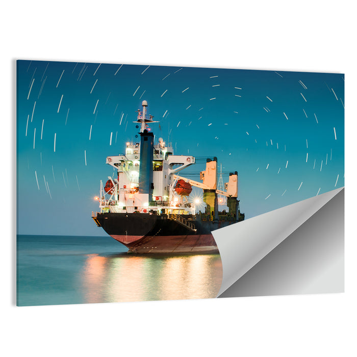 Cargo Ship Under Star Trail Sky Wall Art as a poster print