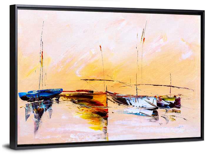 Harbor Boat Reflections Wall Art as a framed canvas