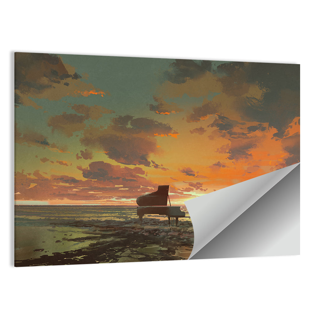 Piano On The Beach Sunset Wall Art