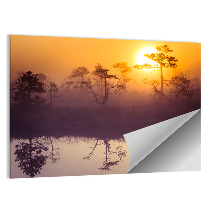 Misty Golden Lake Sunrise Wall Art as a poster print