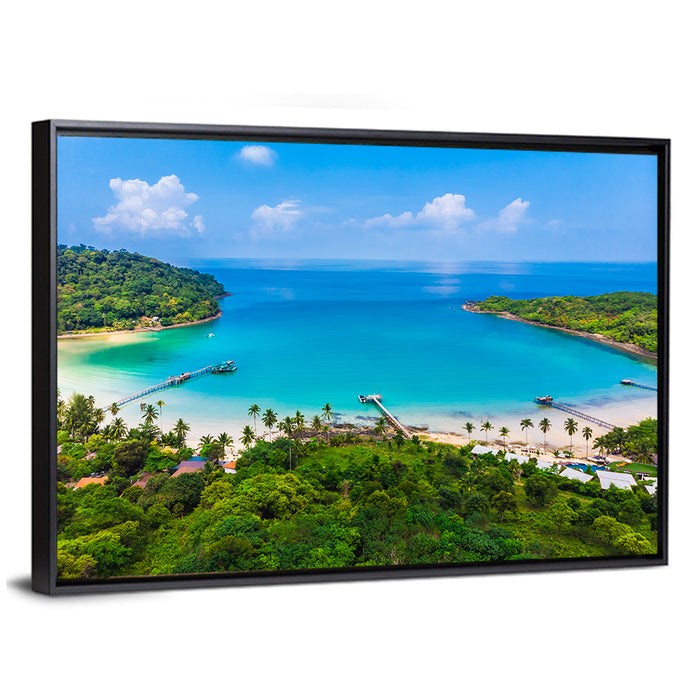 Tropical Bay with Wooden Piers Wall Art as a framed canvas