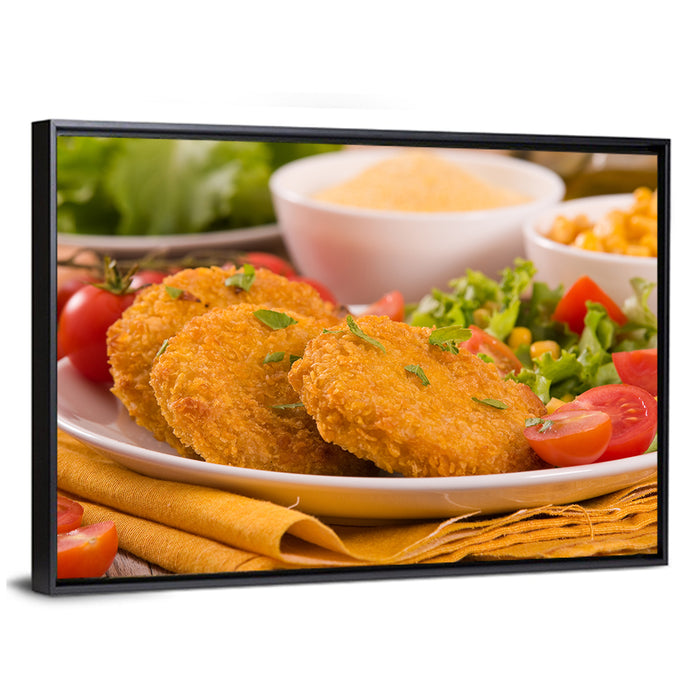 Golden Corn Cutlet Burger Wall Art as a framed canvas
