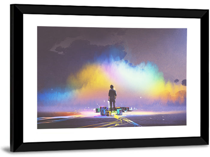 Silhouette with Paint Buckets and Rainbow Light Wall Art as a framed print