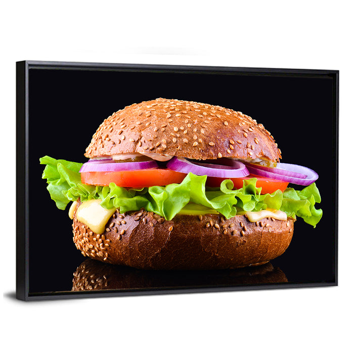 Sesame Bun Vegetarian Burger Wall Art as a framed canvas